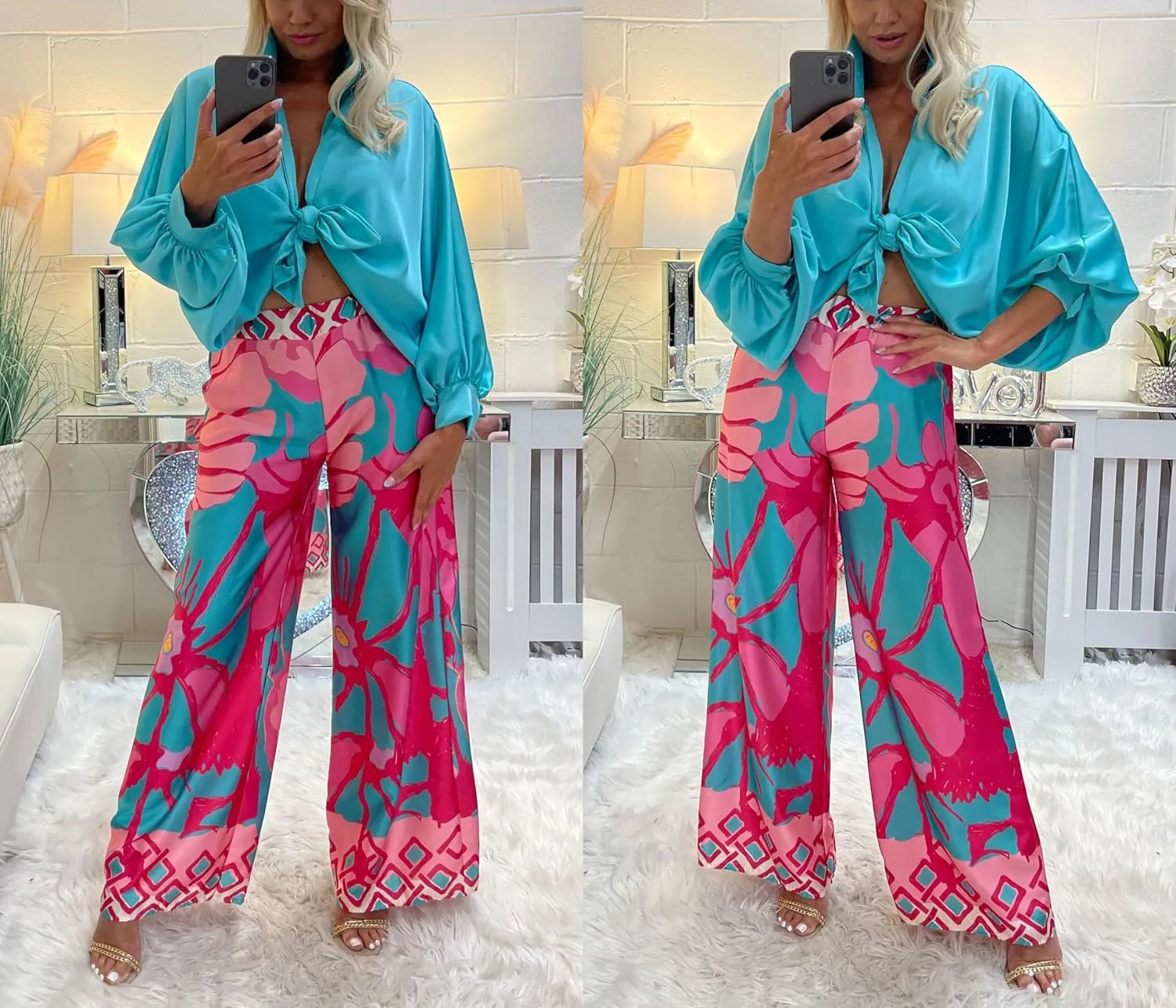 Women 2 Piece Outfits Wide Leg Long Pants Set Front Crop Tops High Waist Tracksuits Long Sleeve Jumpsuits