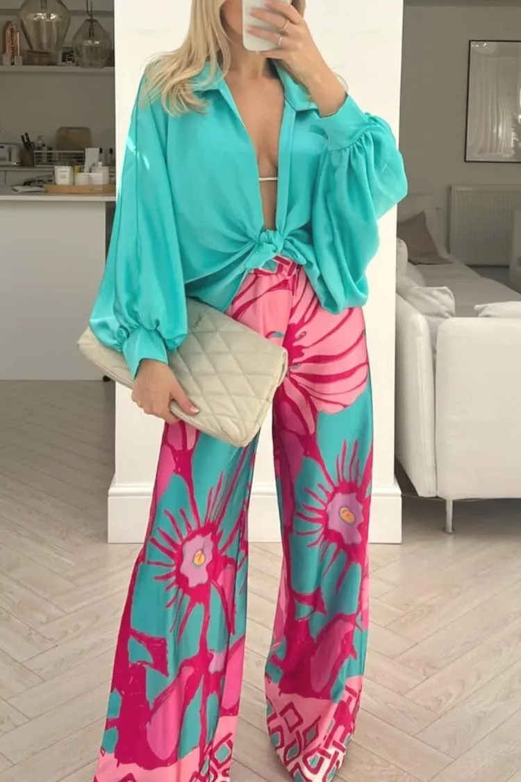 Women 2 Piece Outfits Wide Leg Long Pants Set Front Crop Tops High Waist Tracksuits Long Sleeve Jumpsuits