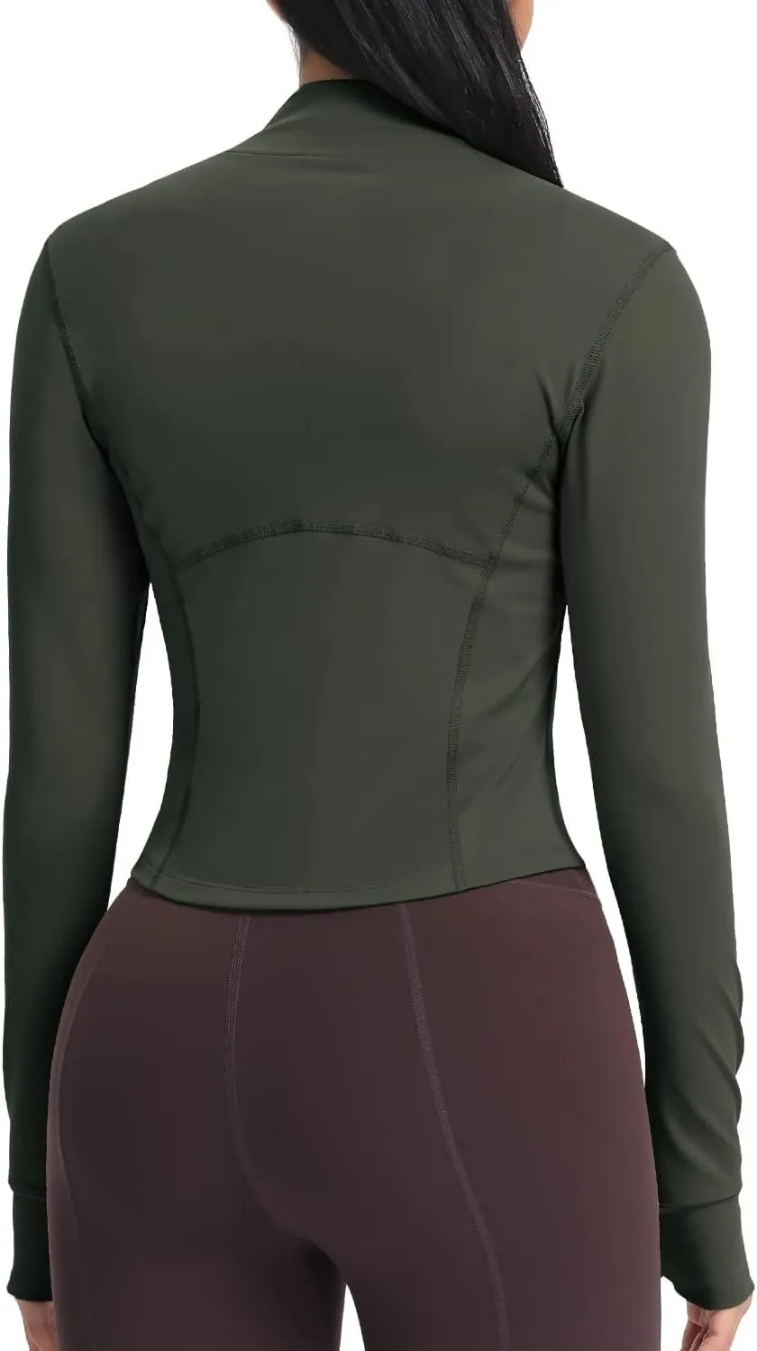 Women BBL Jacket Full Zip UP Workout Athletic Cropped Jacket wIth Thumb Holes Running Yoga Sportswear