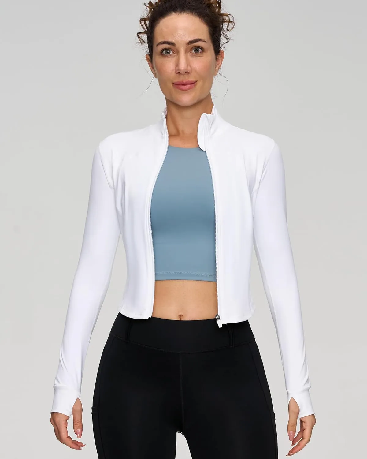 Women BBL Jacket Full Zip UP Workout Athletic Cropped Jacket wIth Thumb Holes Running Yoga Sportswear