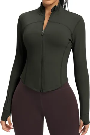 Women BBL Jacket Full Zip UP Workout Athletic Cropped Jacket wIth Thumb Holes Running Yoga Sportswear