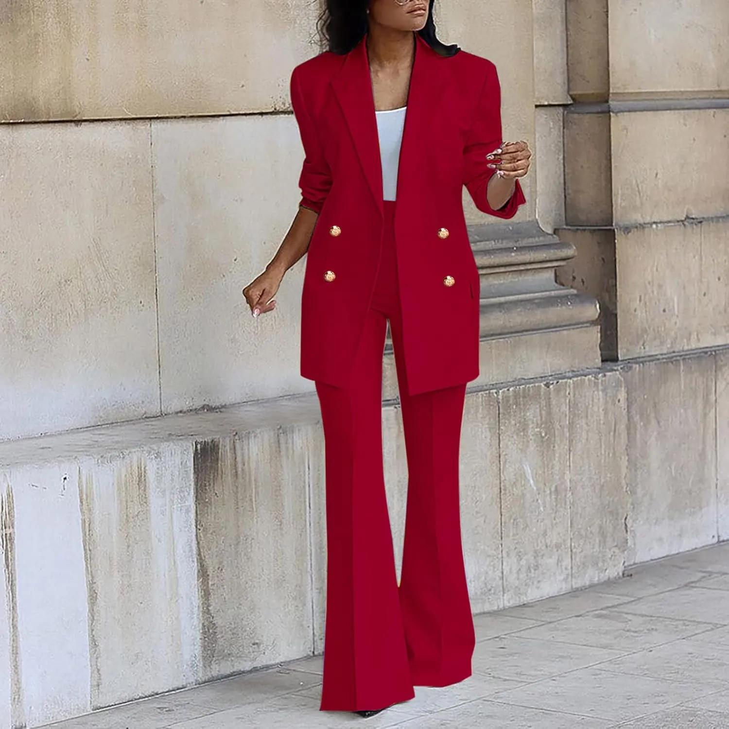 Women Business Casual Outfits Two Piece Office Sets Open Front Long Sleeve Blazer Jackets Flare High Waisted Pants