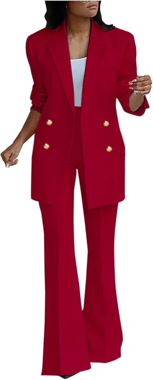 Women Business Casual Outfits Two Piece Office Sets Open Front Long Sleeve Blazer Jackets Flare High Waisted Pants
