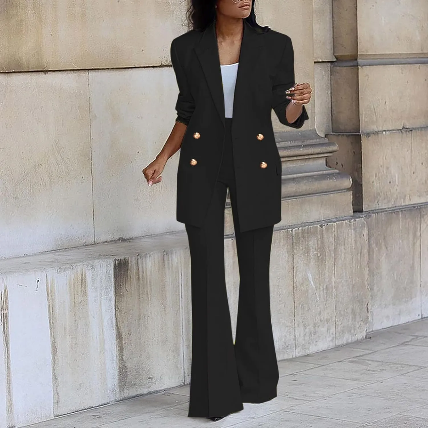 Women Business Casual Outfits Two Piece Office Sets Open Front Long Sleeve Blazer Jackets Flare High Waisted Pants