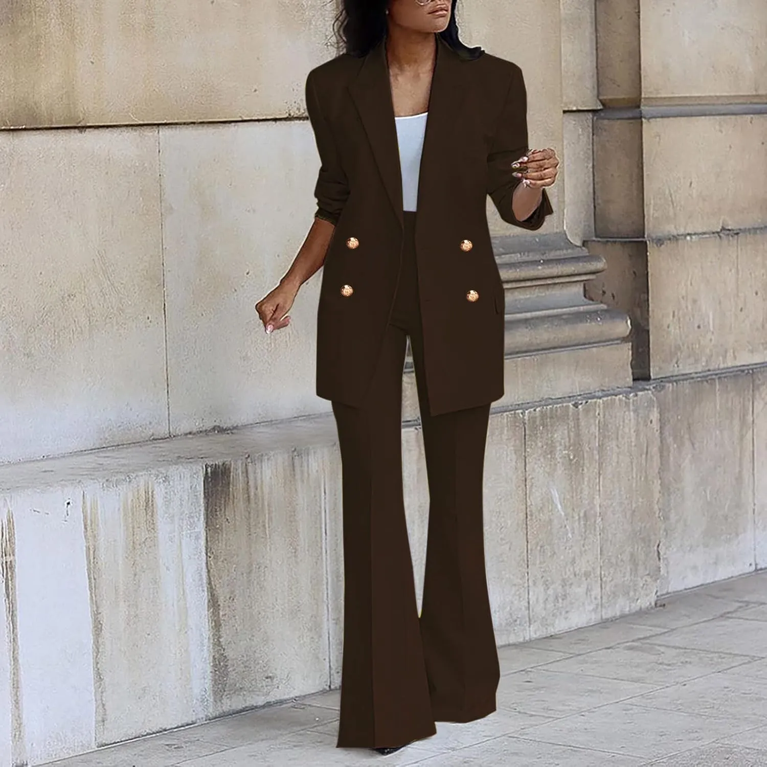 Women Business Casual Outfits Two Piece Office Sets Open Front Long Sleeve Blazer Jackets Flare High Waisted Pants