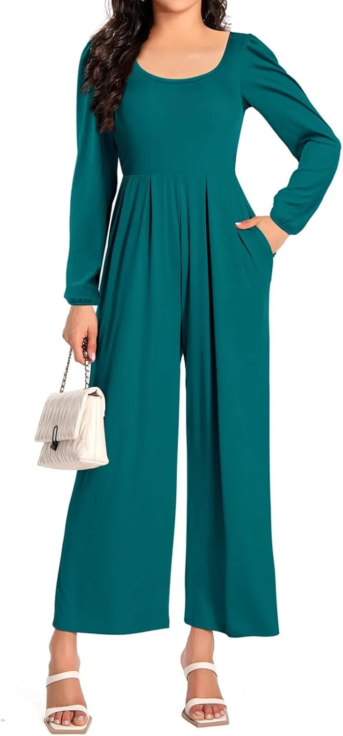 Women Casual Jumpsuits Dressy One Piece Outfits Wide Leg Pants Rompers with Pockets