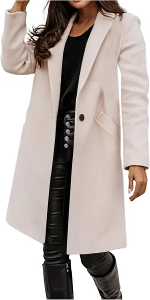 Women Elegant Wool Blend Pea Coat Trench Notch Lapel Winter Warm Long Sleeve Midi Jacket Cardigans Overcoat With Belt