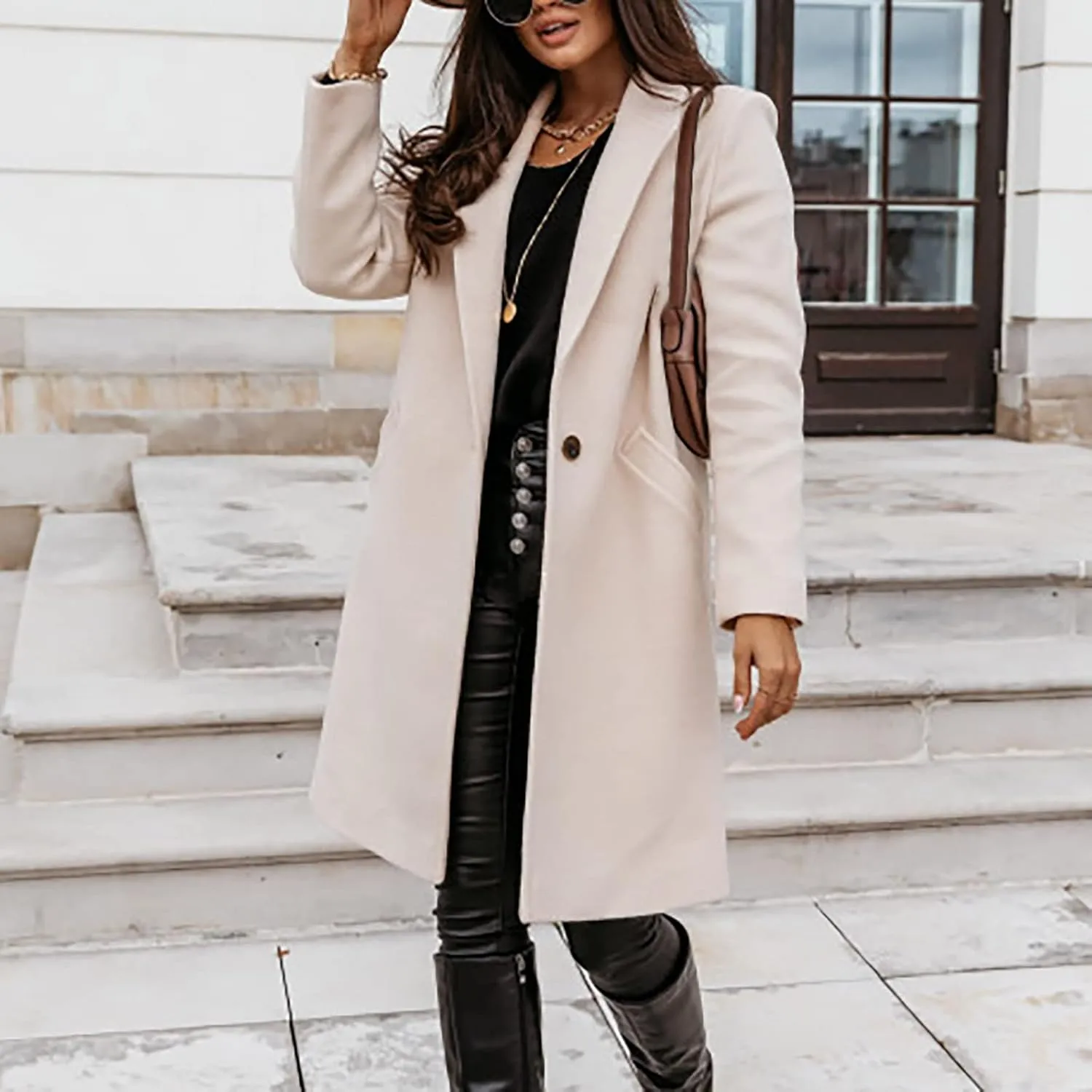 Women Elegant Wool Blend Pea Coat Trench Notch Lapel Winter Warm Long Sleeve Midi Jacket Cardigans Overcoat With Belt