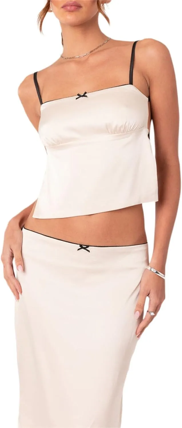 Women Hollow Out 2 Piece Skirt Set Y2K Halter Backless Crop Camis Slim Fit Tube Tops Split Maxi Skirts Outfits