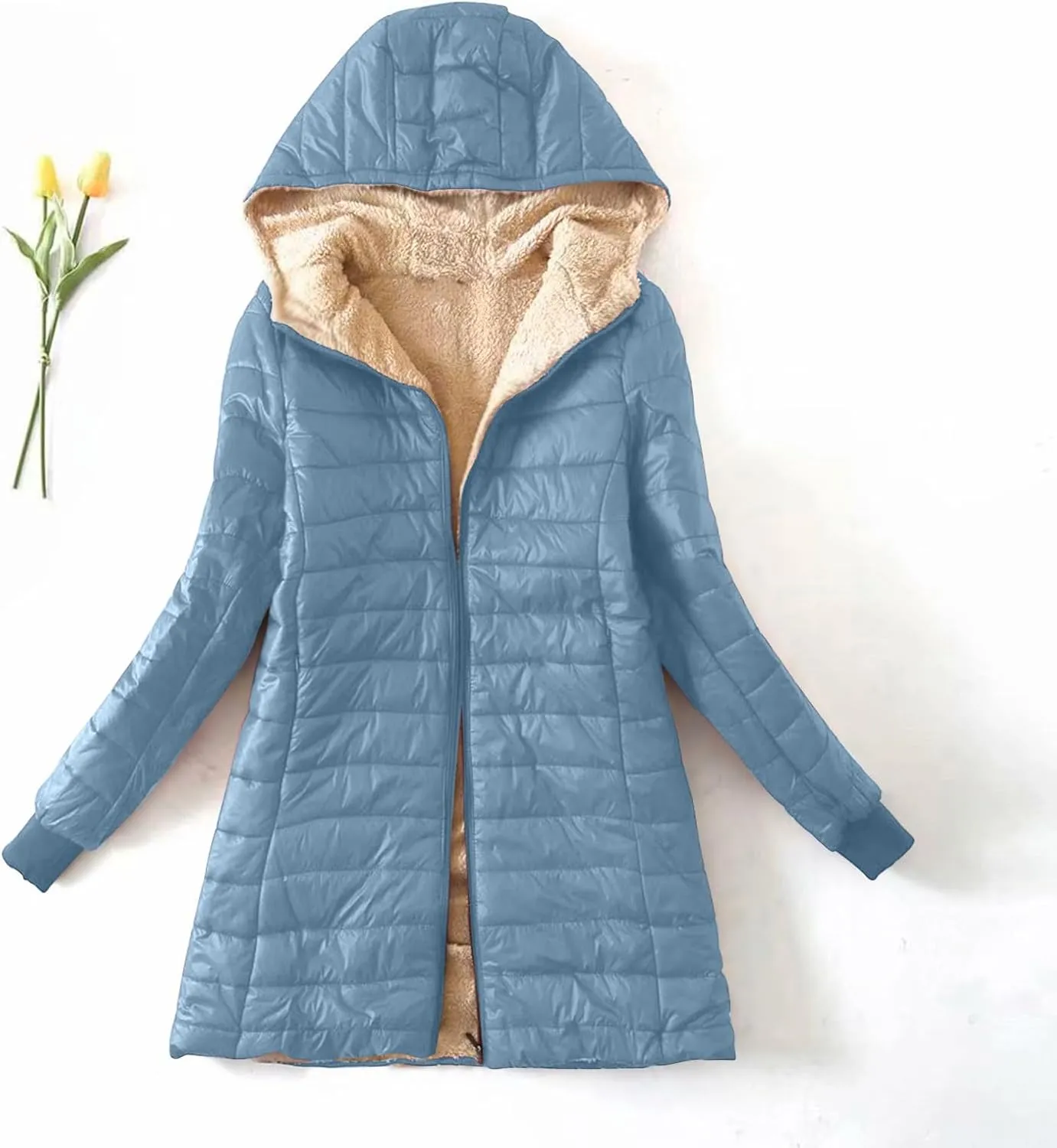 Women Lightweight Down Coat Packable Puffer Jacket Fleece Warm Winter Coat Hooded Mid-Length Jacket Outwear With Pocket