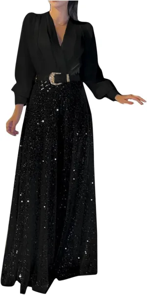 Women Sequins Jumpsuits Clubwear Long Sleeve V-Neck Party Evening Outfit Belted High Waist Wide Leg Trouser Pantsuits