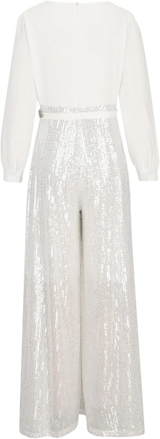 Women Sequins Jumpsuits Clubwear Long Sleeve V-Neck Party Evening Outfit Belted High Waist Wide Leg Trouser Pantsuits
