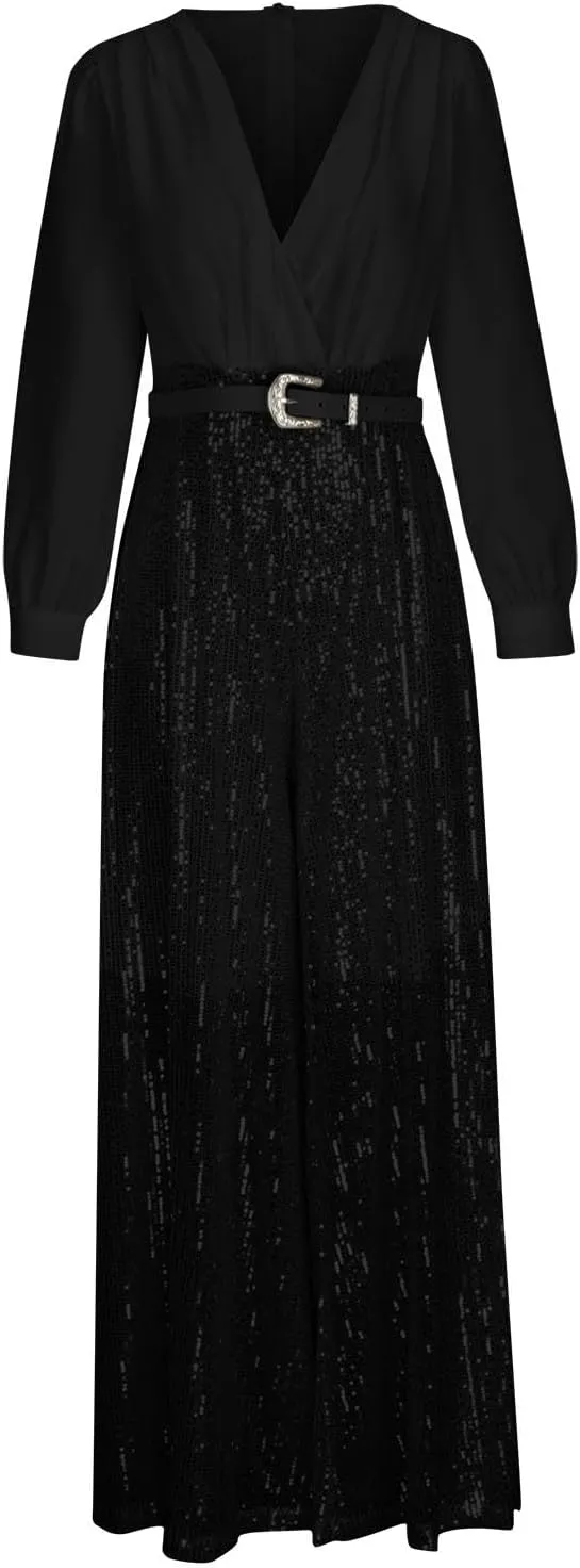 Women Sequins Jumpsuits Clubwear Long Sleeve V-Neck Party Evening Outfit Belted High Waist Wide Leg Trouser Pantsuits