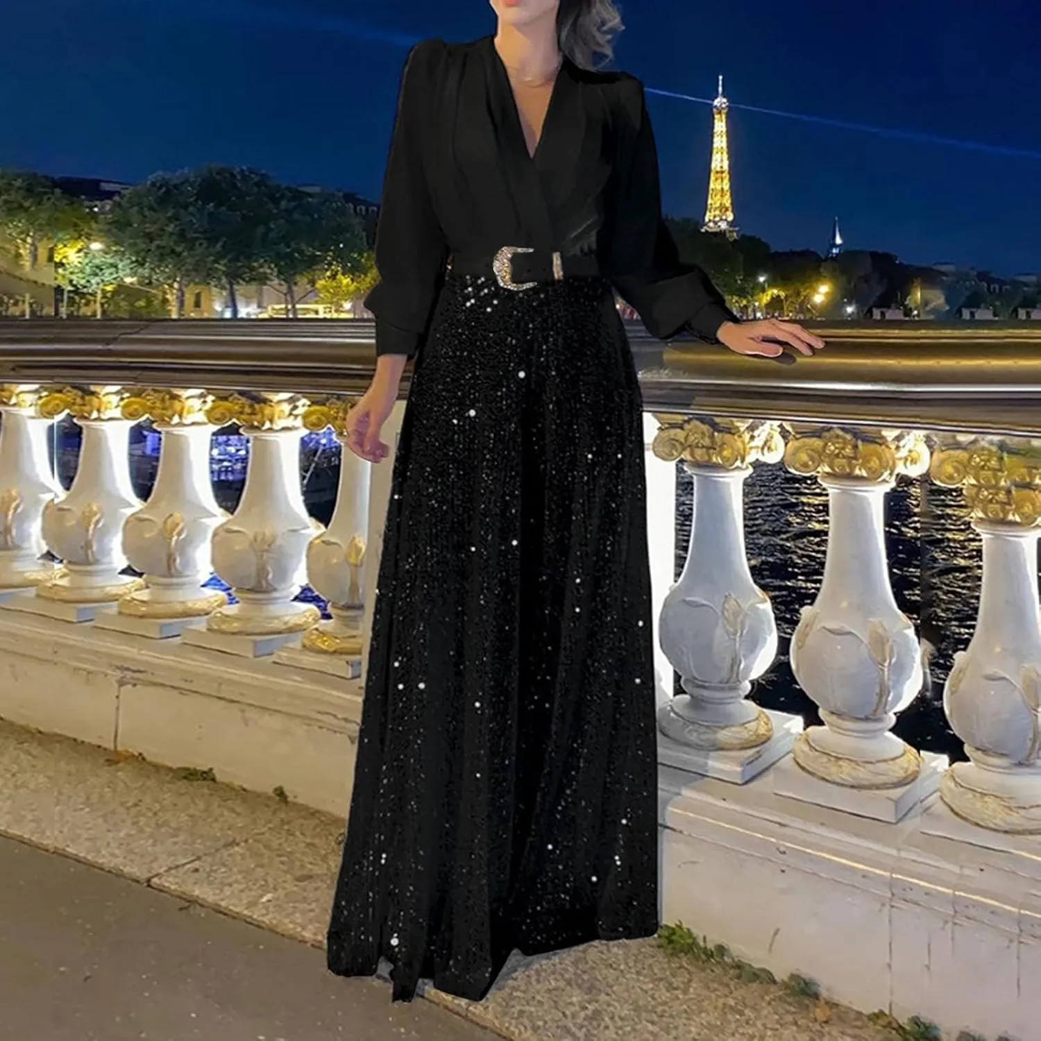 Women Sequins Jumpsuits Clubwear Long Sleeve V-Neck Party Evening Outfit Belted High Waist Wide Leg Trouser Pantsuits