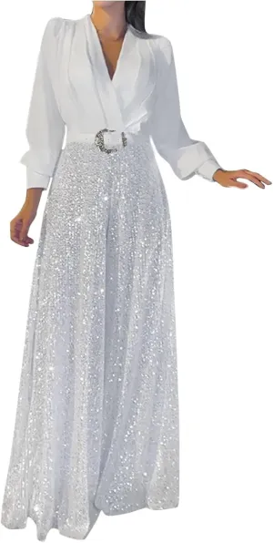 Women Sequins Jumpsuits Clubwear Long Sleeve V-Neck Party Evening Outfit Belted High Waist Wide Leg Trouser Pantsuits