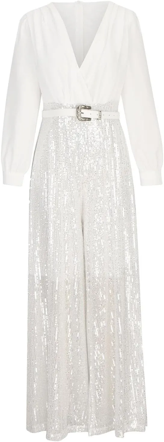 Women Sequins Jumpsuits Clubwear Long Sleeve V-Neck Party Evening Outfit Belted High Waist Wide Leg Trouser Pantsuits