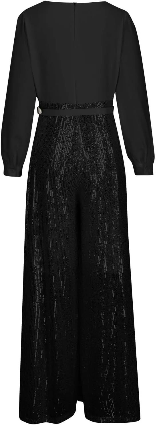 Women Sequins Jumpsuits Clubwear Long Sleeve V-Neck Party Evening Outfit Belted High Waist Wide Leg Trouser Pantsuits
