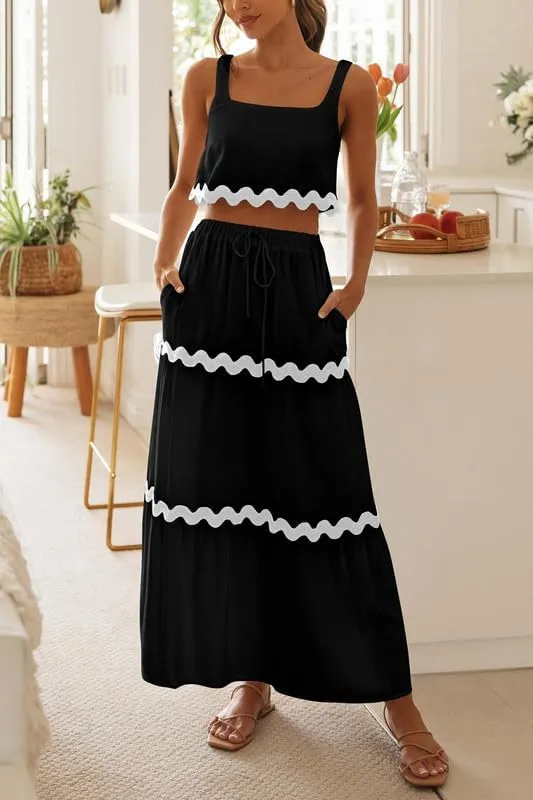 Women Sexy Two Piece Maxi Skirt Set Sleeveless Cropped Tank Tops and Long Skirt Summer Vacation Beach Outfits