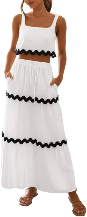 Women Sexy Two Piece Maxi Skirt Set Sleeveless Cropped Tank Tops and Long Skirt Summer Vacation Beach Outfits