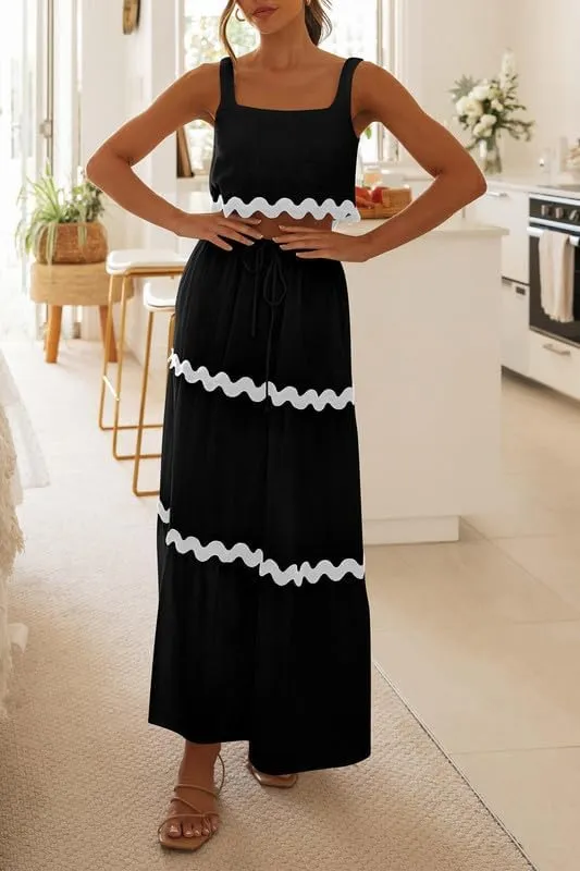 Women Sexy Two Piece Maxi Skirt Set Sleeveless Cropped Tank Tops and Long Skirt Summer Vacation Beach Outfits