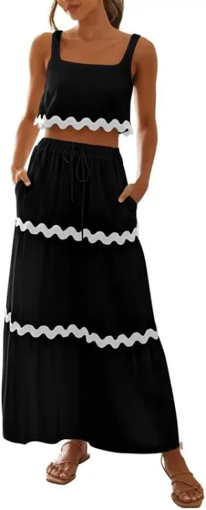 Women Sexy Two Piece Maxi Skirt Set Sleeveless Cropped Tank Tops and Long Skirt Summer Vacation Beach Outfits