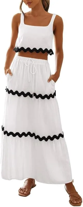 Women Sexy Two Piece Maxi Skirt Set Sleeveless Cropped Tank Tops and Long Skirt Summer Vacation Beach Outfits