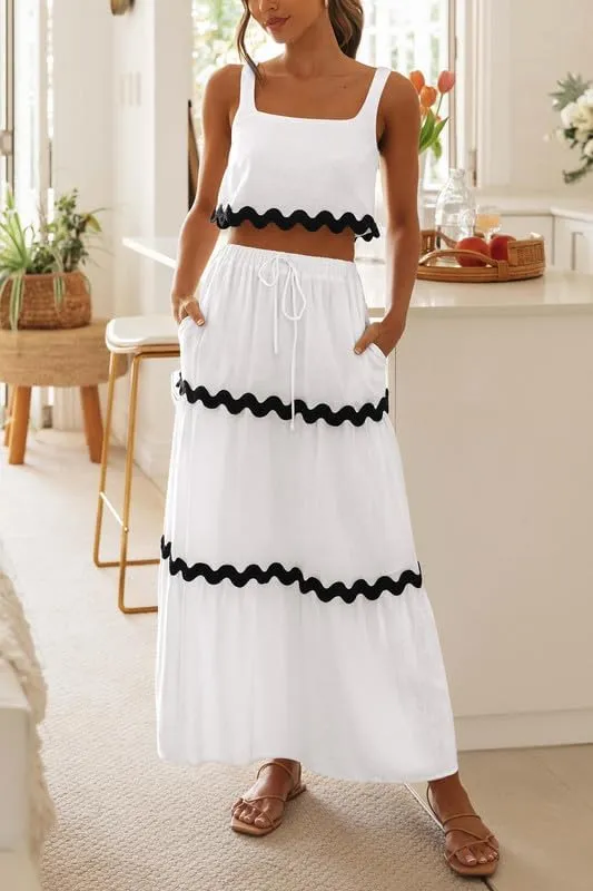 Women Sexy Two Piece Maxi Skirt Set Sleeveless Cropped Tank Tops and Long Skirt Summer Vacation Beach Outfits