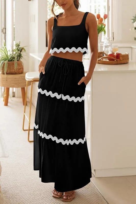 Women Sexy Two Piece Maxi Skirt Set Sleeveless Cropped Tank Tops and Long Skirt Summer Vacation Beach Outfits