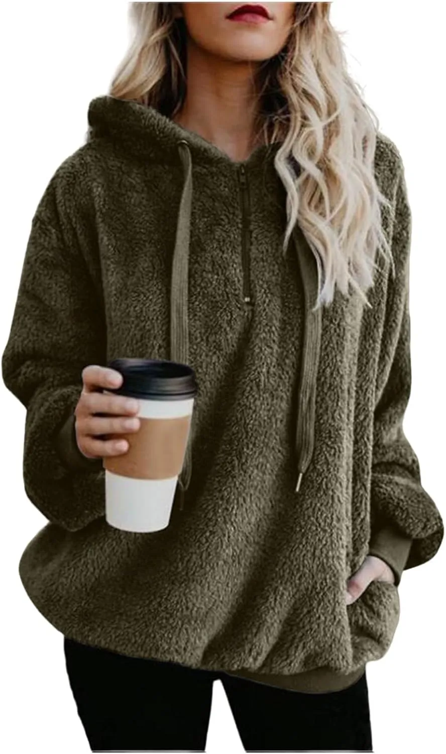 Women Sherpa Hoodie Fuzzy Fleece Quarter Zip Pullover Loose Comfy Plush Sweatshirt with Pockets Cute Winter Clothes