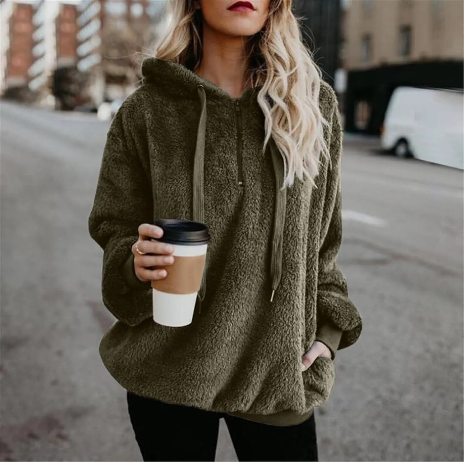 Women Sherpa Hoodie Fuzzy Fleece Quarter Zip Pullover Loose Comfy Plush Sweatshirt with Pockets Cute Winter Clothes