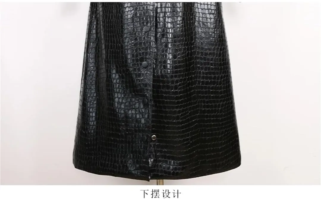 Women Shiny Crocodile Print Pu Leather Trench Coat For Belt Double Breasted Long Elegant Overcoat