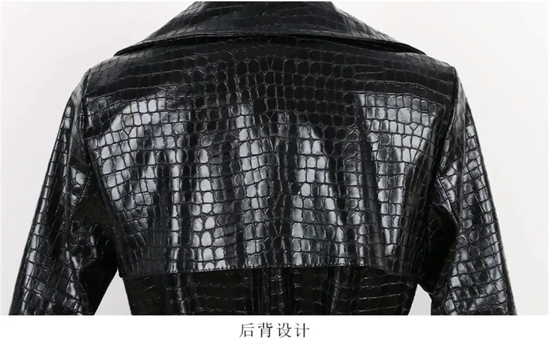 Women Shiny Crocodile Print Pu Leather Trench Coat For Belt Double Breasted Long Elegant Overcoat