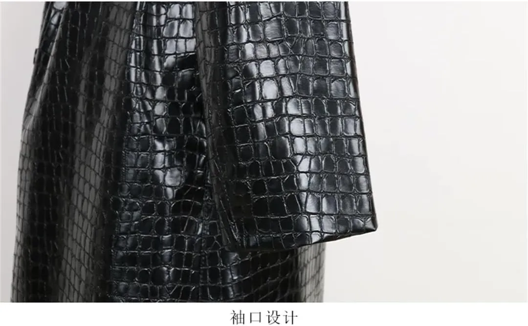 Women Shiny Crocodile Print Pu Leather Trench Coat For Belt Double Breasted Long Elegant Overcoat