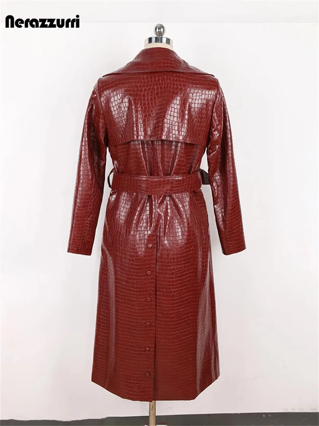 Women Shiny Crocodile Print Pu Leather Trench Coat For Belt Double Breasted Long Elegant Overcoat