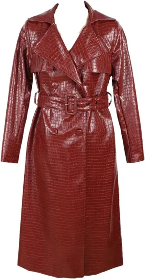 Women Shiny Crocodile Print Pu Leather Trench Coat For Belt Double Breasted Long Elegant Overcoat