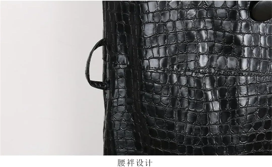 Women Shiny Crocodile Print Pu Leather Trench Coat For Belt Double Breasted Long Elegant Overcoat