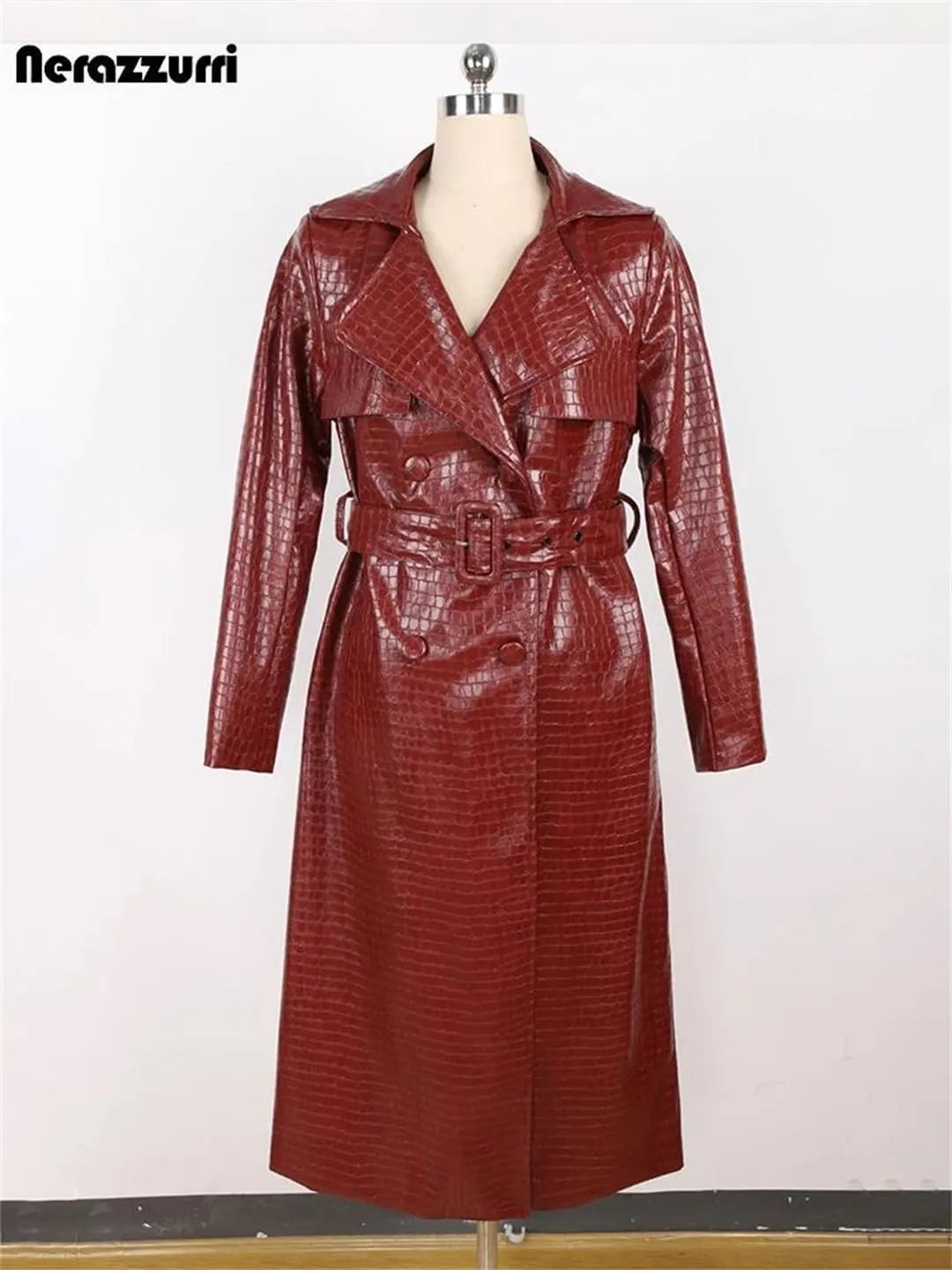 Women Shiny Crocodile Print Pu Leather Trench Coat For Belt Double Breasted Long Elegant Overcoat