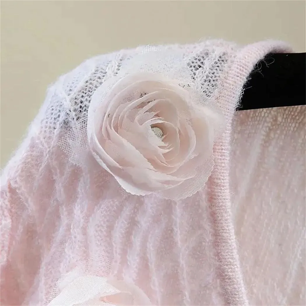 Women Solid Color Long Sleeve V-Neck Spring-Autumn Pullovers Thin Fashion Sweater with 3D Flower Decoration