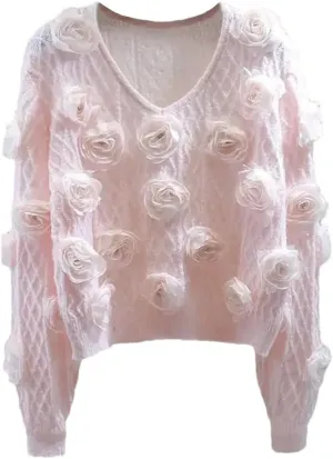 Women Solid Color Long Sleeve V-Neck Spring-Autumn Pullovers Thin Fashion Sweater with 3D Flower Decoration