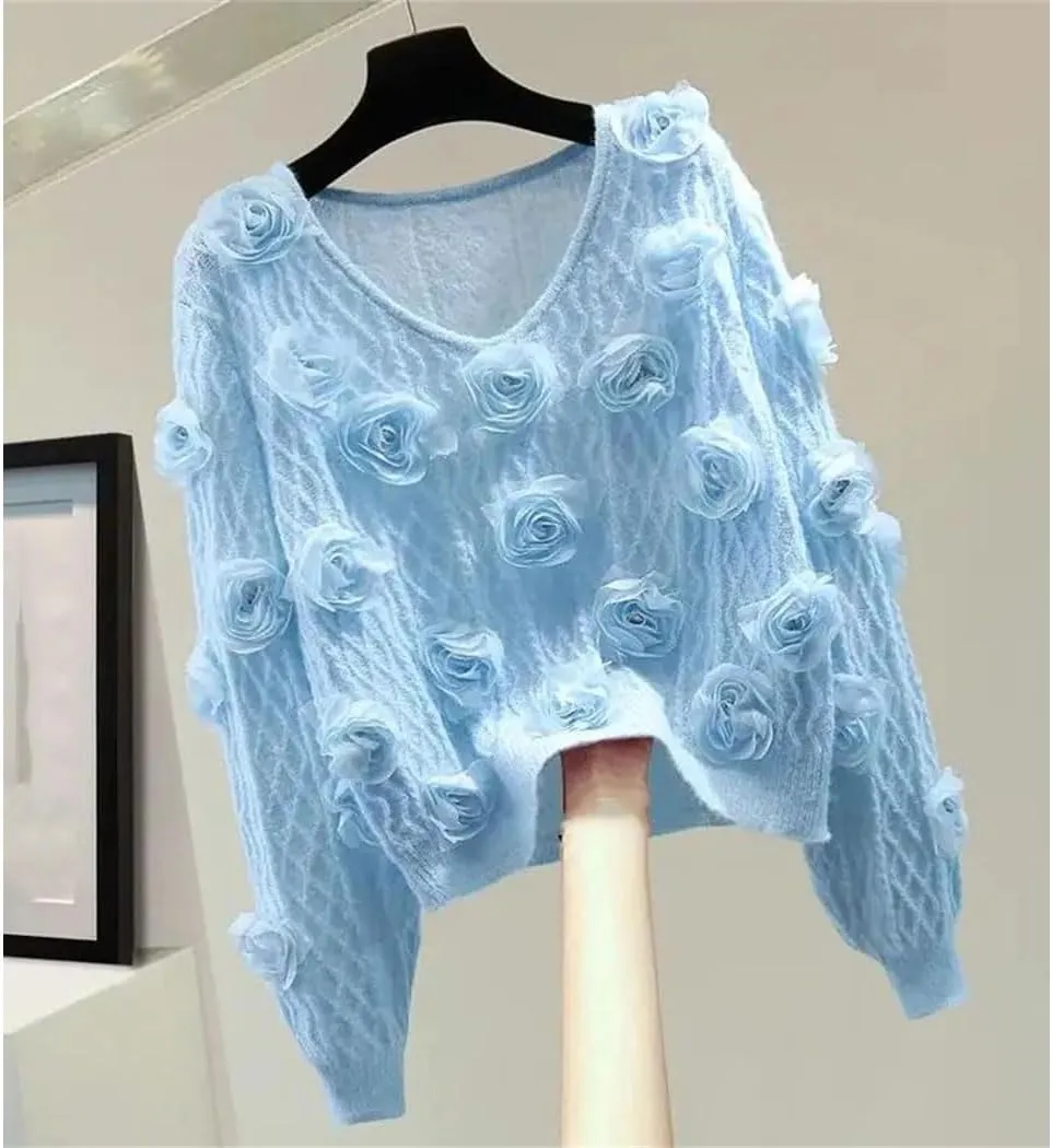 Women Solid Color Long Sleeve V-Neck Spring-Autumn Pullovers Thin Fashion Sweater with 3D Flower Decoration