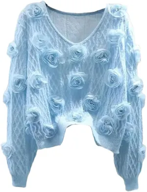 Women Solid Color Long Sleeve V-Neck Spring-Autumn Pullovers Thin Fashion Sweater with 3D Flower Decoration