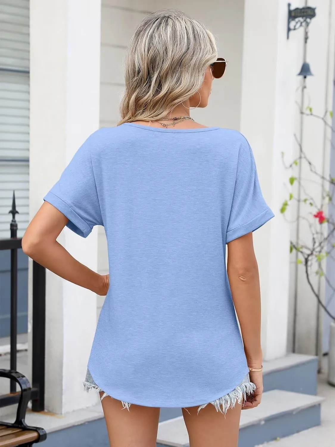 Women V Neck Rolled Sleeve Tops Summer Curved Hem Short Sleeve T Shirts Loose Fit Tees 2025