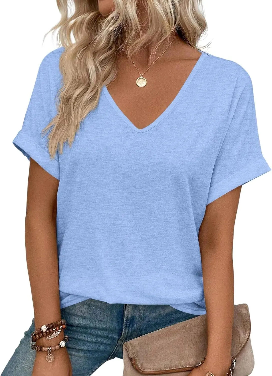 Women V Neck Rolled Sleeve Tops Summer Curved Hem Short Sleeve T Shirts Loose Fit Tees 2025