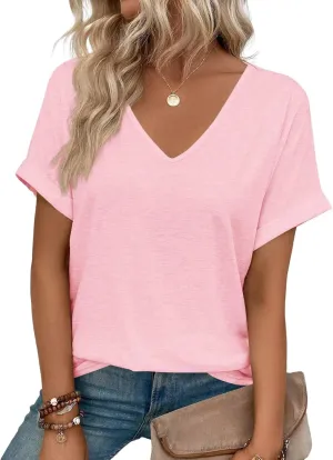 Women V Neck Rolled Sleeve Tops Summer Curved Hem Short Sleeve T Shirts Loose Fit Tees 2025