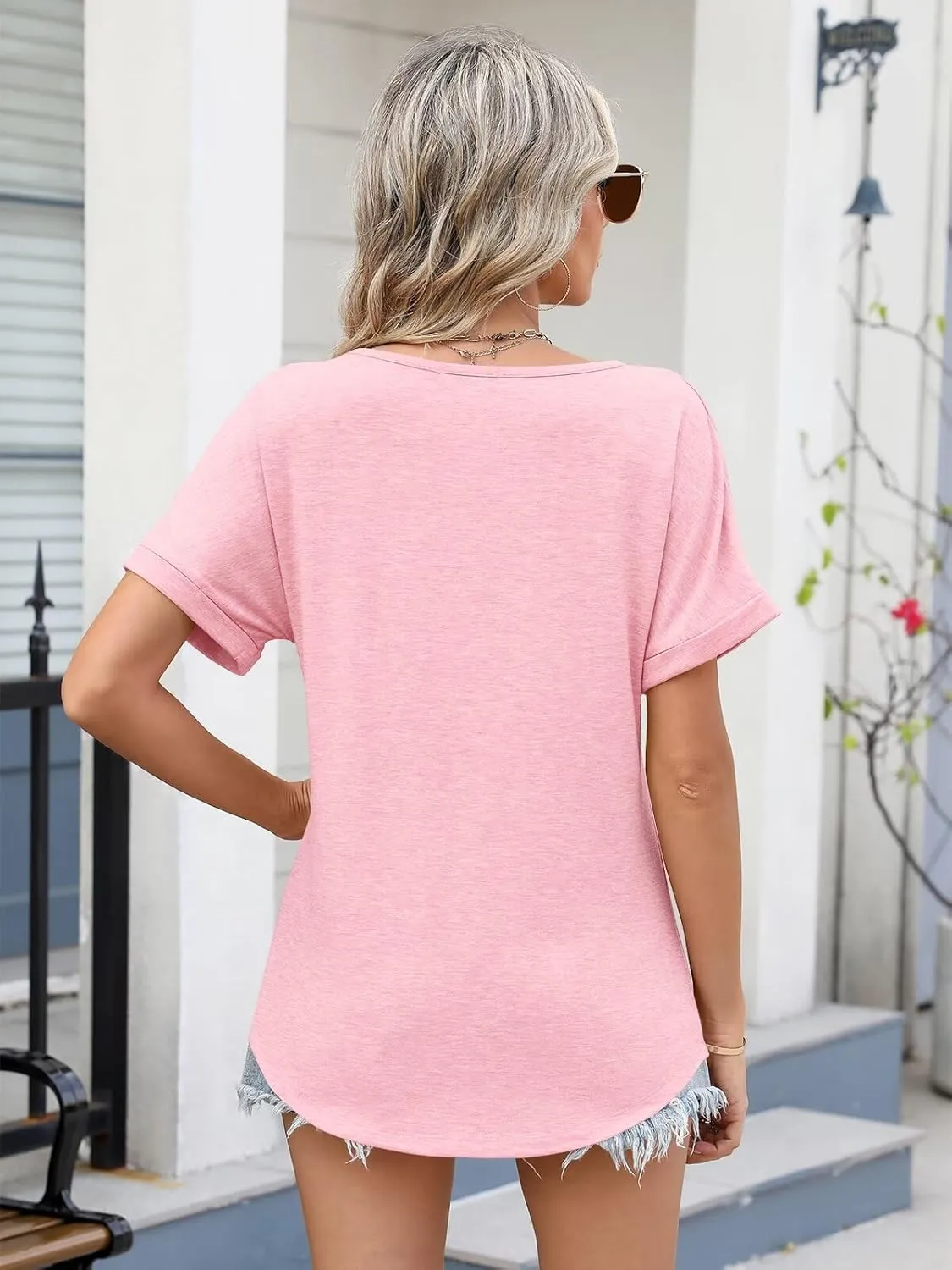 Women V Neck Rolled Sleeve Tops Summer Curved Hem Short Sleeve T Shirts Loose Fit Tees 2025