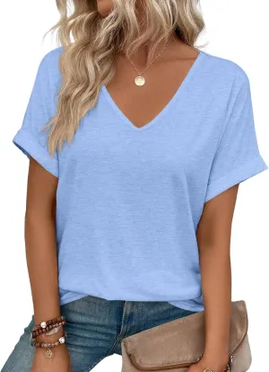 Women V Neck Rolled Sleeve Tops Summer Curved Hem Short Sleeve T Shirts Loose Fit Tees 2025
