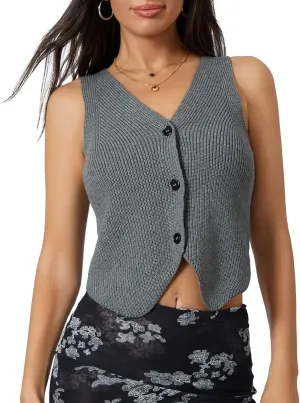 Women Y2k Crochet Vest Top Vintage Solid Color V Neck Sleeveless Button Down Crop Tops Streetwear