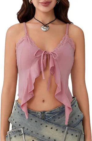 Women Y2K Sexy Tie Front Crop Top Spaghetti Strap Sleeveless Camisole Vest Summer Backless Going Out Cami Tank Tops