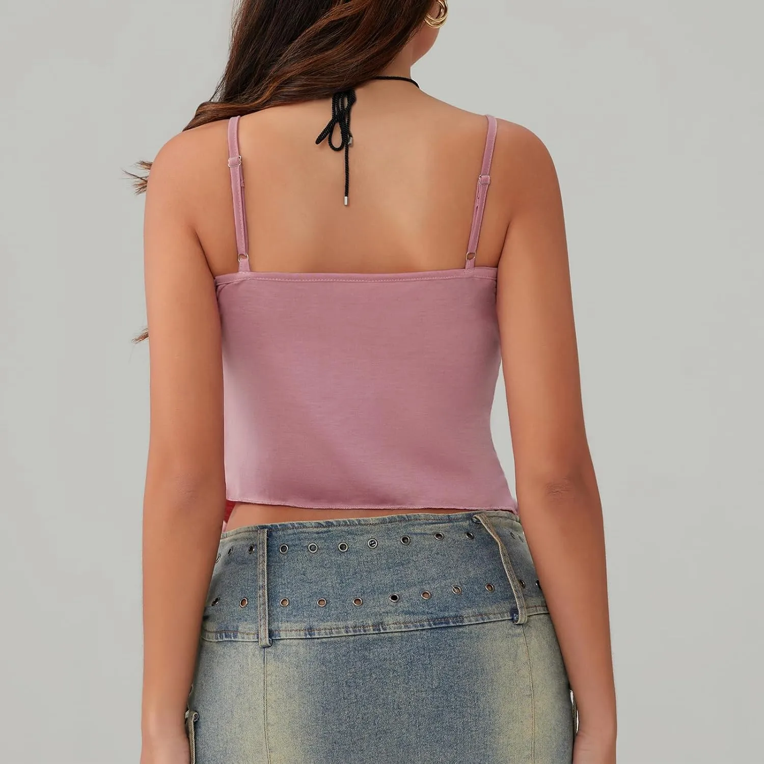 Women Y2K Sexy Tie Front Crop Top Spaghetti Strap Sleeveless Camisole Vest Summer Backless Going Out Cami Tank Tops