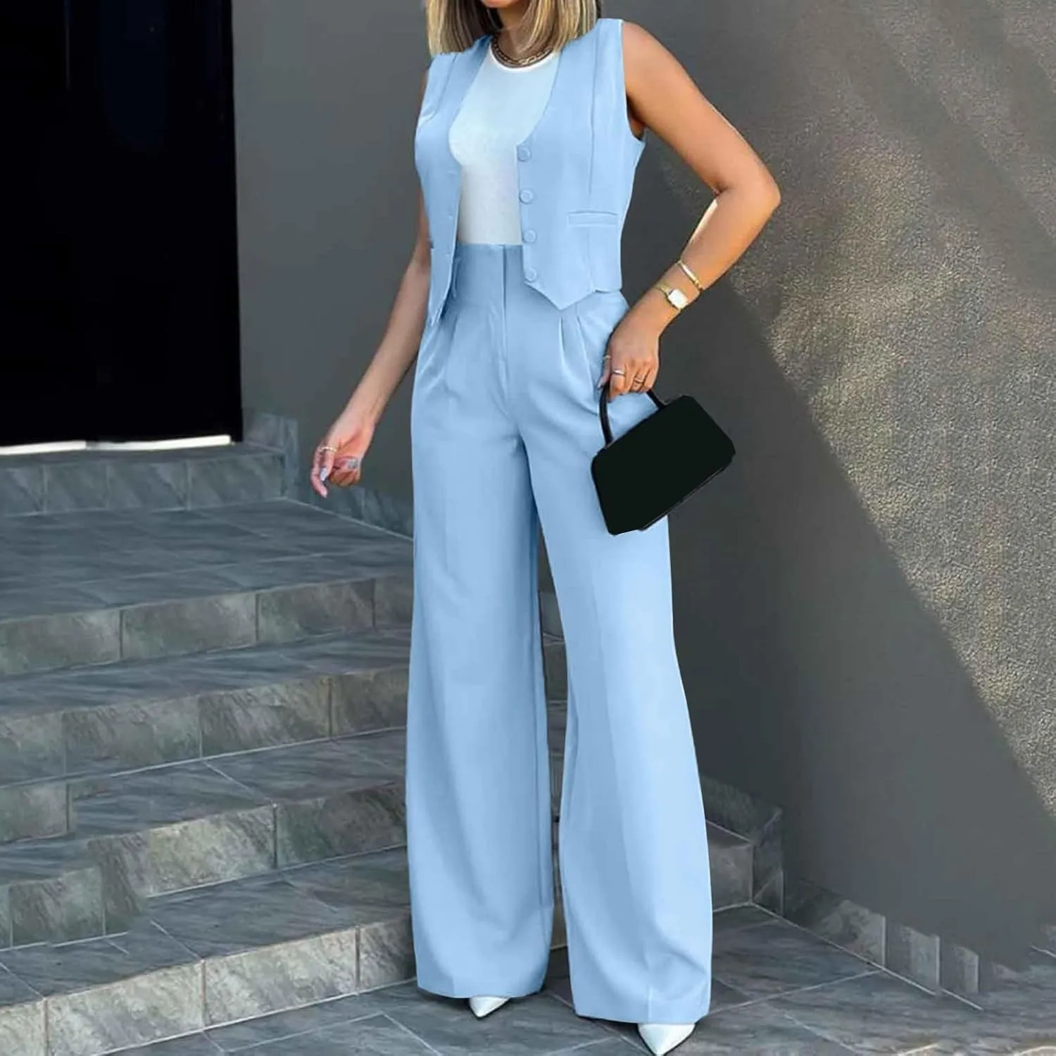 Women's 2 Piece Blazer Sets Outfits Sleeveless Suit Vest Cropped Tops and Wide Leg Pants Business Casual Pant Suits